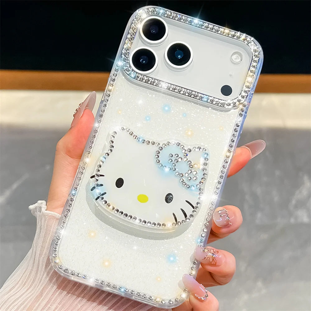 Kawaii Luxury Cover Hello Kitty Diamond Bling Stand Holder Phone Case for Iphone 17 16 15 14 13 Pro Max 16E E 16Promax 17Pro