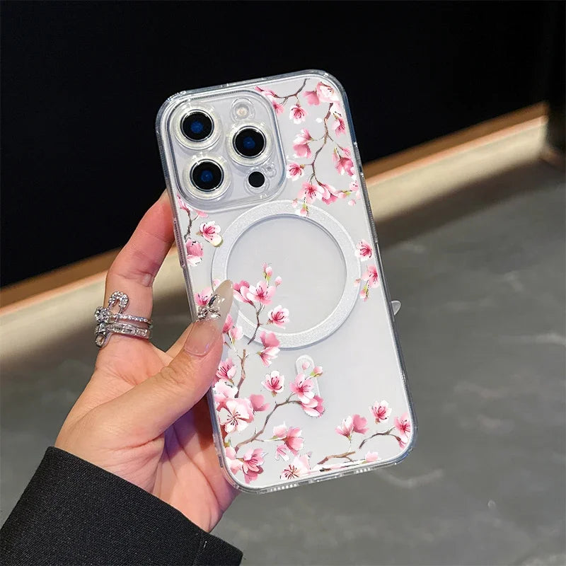 Magsafe Wireless Charge Case For Iphone 17 16 Pro Max 17 Air 15 14 12 13 11 Pro Max 16 12 13 Mini Phone Casing Flower Floral PC