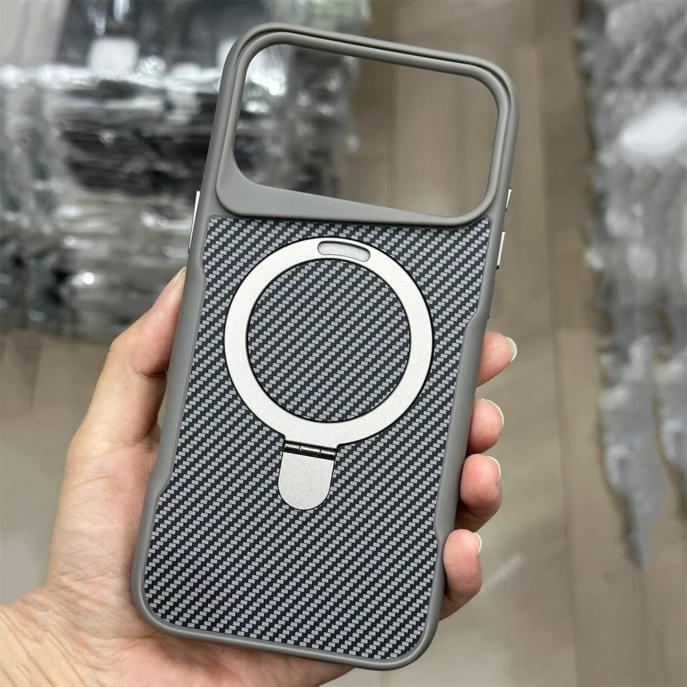 Desert Gold Folding holder carbon fibre magsafe charging phone case for iPhone 17 Pro Max Air magnetic scratch-proof hard cover