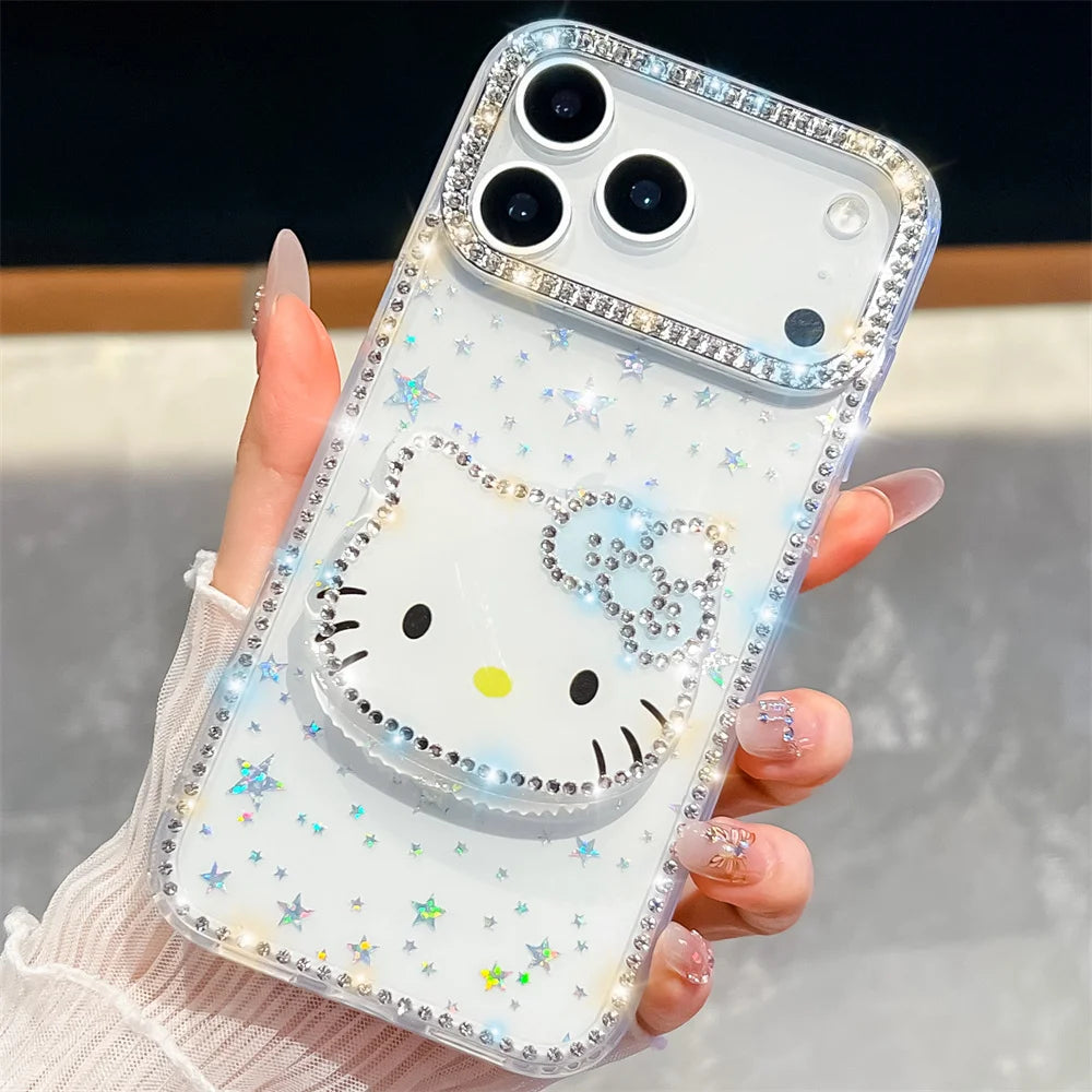 Kawaii Luxury Cover Hello Kitty Diamond Bling Stand Holder Phone Case for Iphone 17 16 15 14 13 Pro Max 16E E 16Promax 17Pro