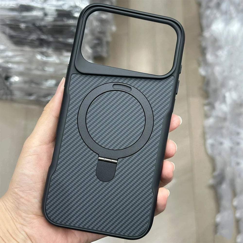 Desert Gold Folding holder carbon fibre magsafe charging phone case for iPhone 17 Pro Max Air magnetic scratch-proof hard cover