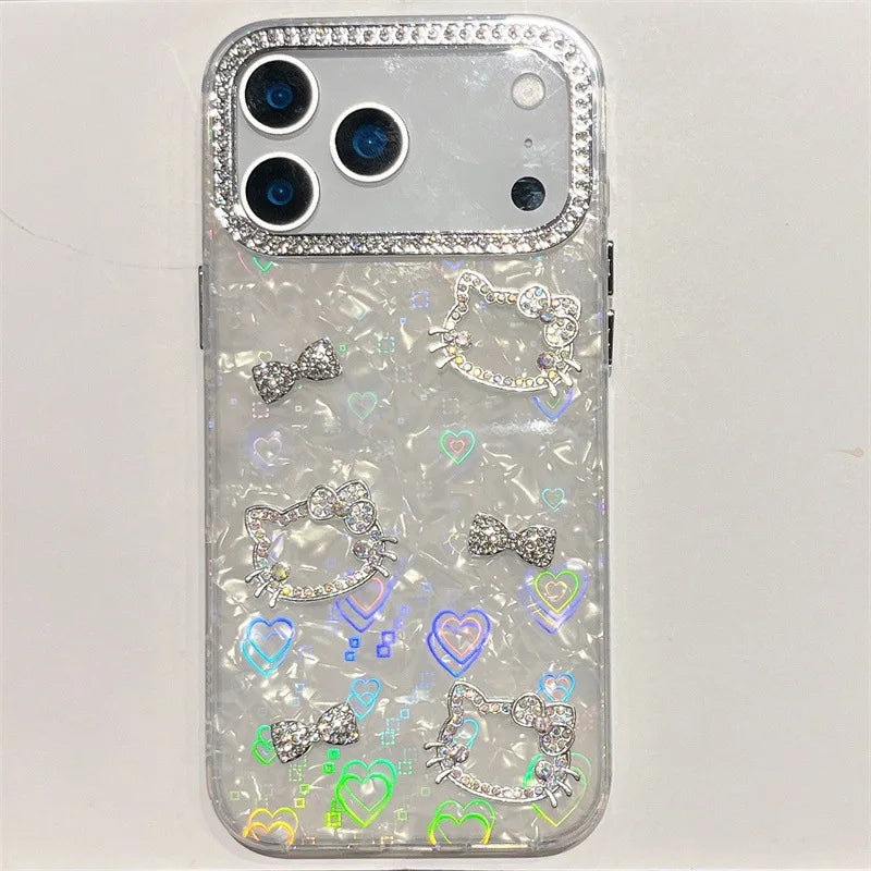 Luxury Glitter Rhinestone Camera Border 3D Hello Kitty Bowknot Shell Pattern Phone Case For iPhone 16 15 14 13 17 Pro Max Cover