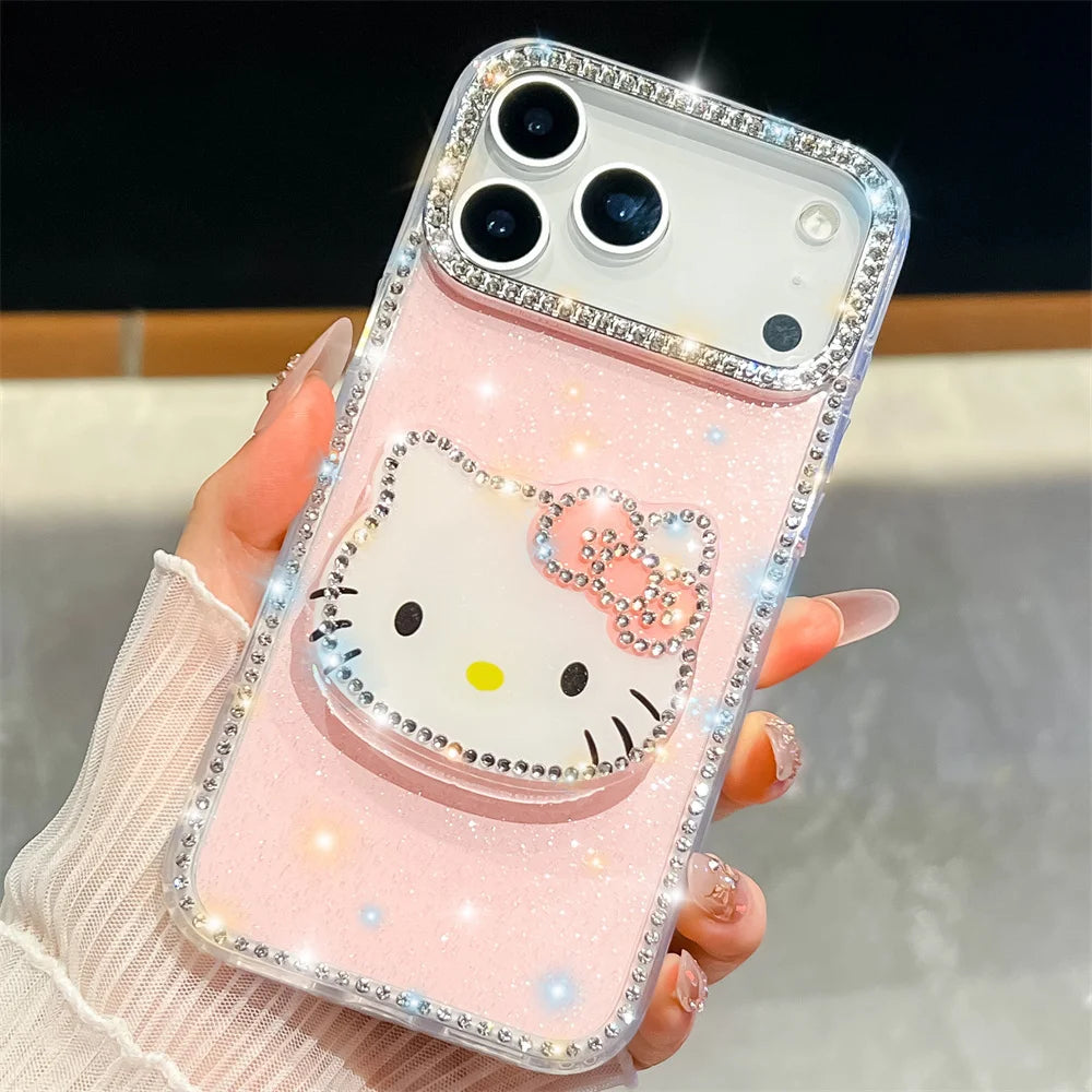 Kawaii Luxury Cover Hello Kitty Diamond Bling Stand Holder Phone Case for Iphone 17 16 15 14 13 Pro Max 16E E 16Promax 17Pro