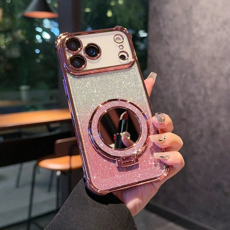 Plating Four Corner Shockproof Gradient Glitter Soft TPU Makeup Mirror Holder Phone Case For iPhone 17 Pro Max Air Bumper Cover