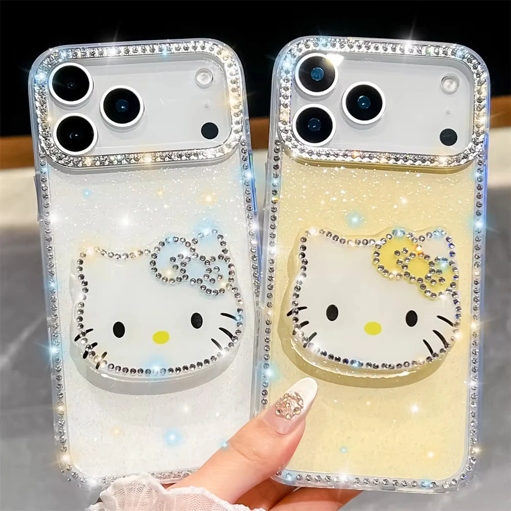 Kawaii Luxury Cover Hello Kitty Diamond Bling Stand Holder Phone Case for Iphone 17 16 15 14 13 Pro Max 16E E 16Promax 17Pro