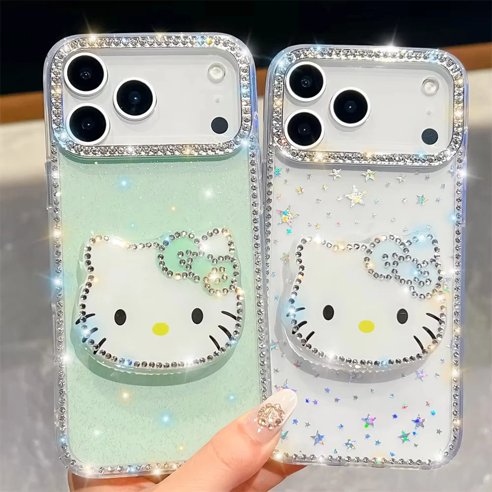 Kawaii Luxury Cover Hello Kitty Diamond Bling Stand Holder Phone Case for Iphone 17 16 15 14 13 Pro Max 16E E 16Promax 17Pro