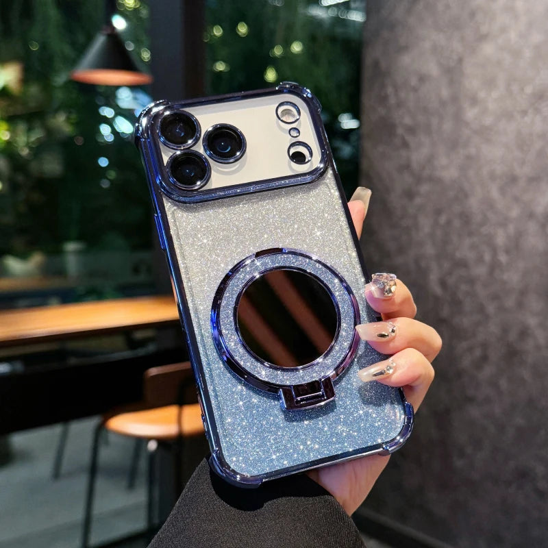Plating Four Corner Shockproof Gradient Glitter Soft TPU Makeup Mirror Holder Phone Case For iPhone 17 Pro Max Air Bumper Cover