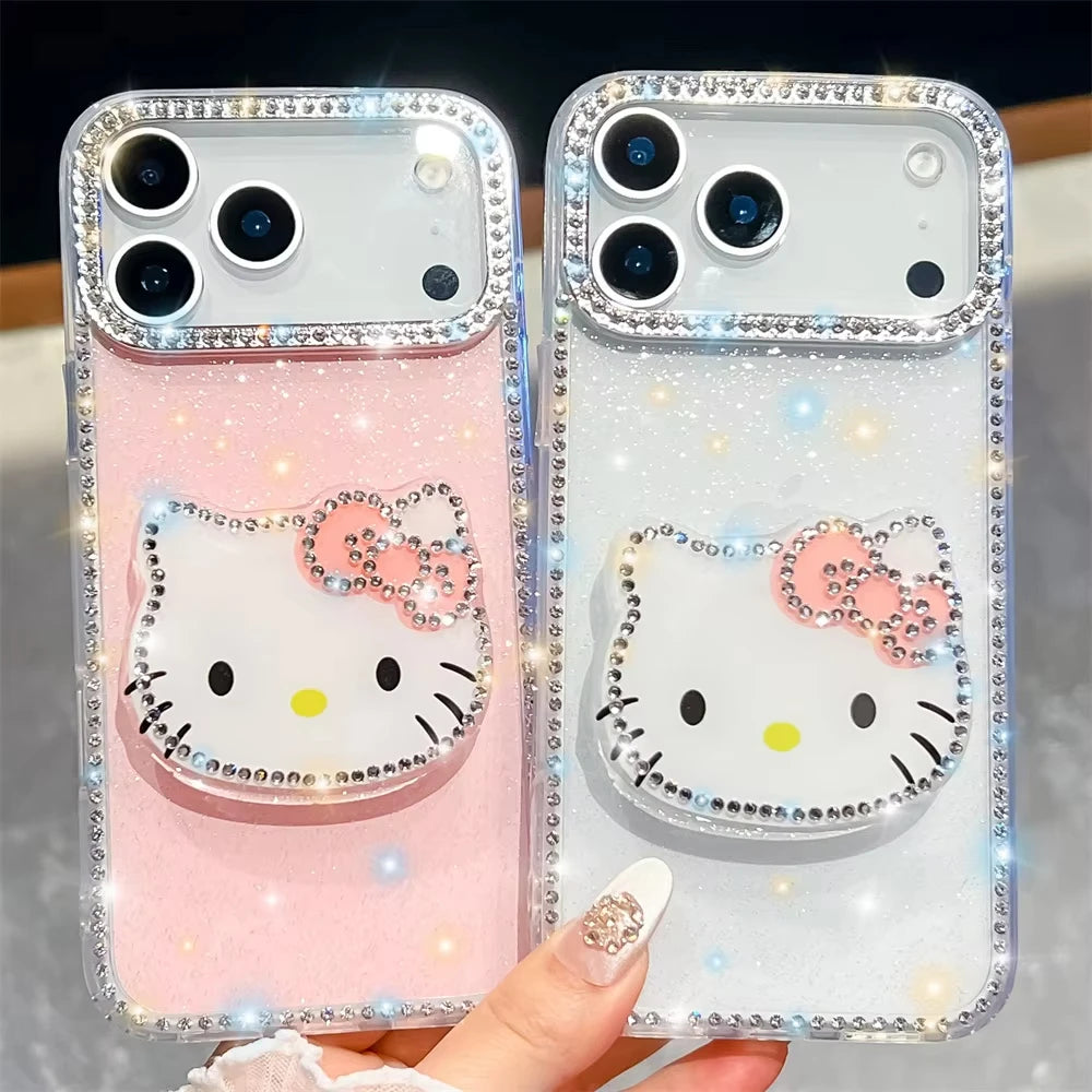 Kawaii Luxury Cover Hello Kitty Diamond Bling Stand Holder Phone Case for Iphone 17 16 15 14 13 Pro Max 16E E 16Promax 17Pro