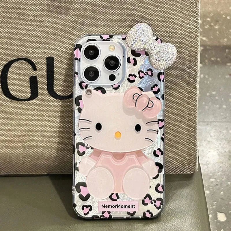 Leopard Print Hello Kitty Mirror Bow Strap Phone Case For iPhone 16 15 14 13 12 11 Pro Max XR XS MAX 7 8 Plus MINI Y2K Cover