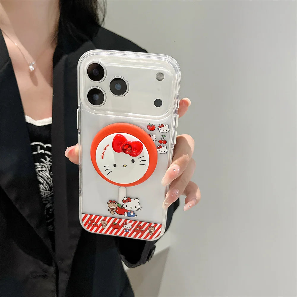 Hello Kitty Magnetic Stand Transparent Magsafe Phone Case For iPhone 17 16 15 14 13 Pro Max Wireless Charging Protective Cover