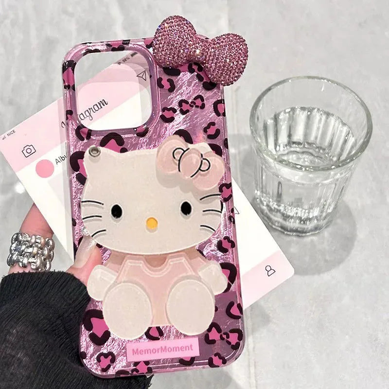 Leopard Print Hello Kitty Mirror Bow Strap Phone Case For iPhone 16 15 14 13 12 11 Pro Max XR XS MAX 7 8 Plus MINI Y2K Cover