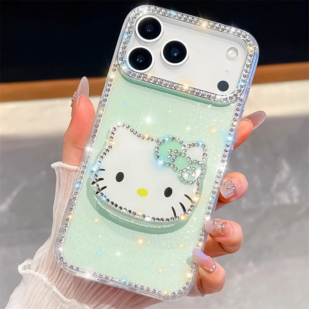 Kawaii Luxury Cover Hello Kitty Diamond Bling Stand Holder Phone Case for Iphone 17 16 15 14 13 Pro Max 16E E 16Promax 17Pro