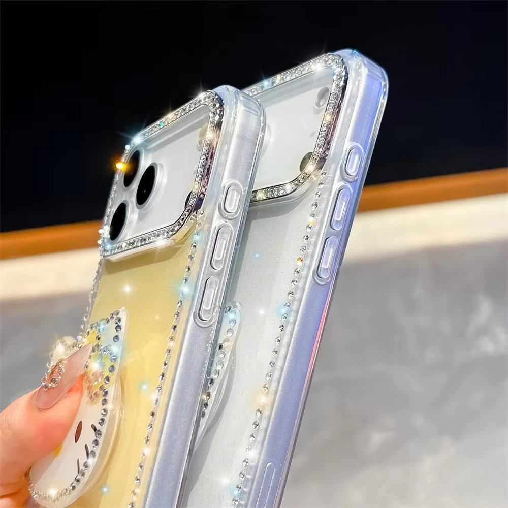 Kawaii Luxury Cover Hello Kitty Diamond Bling Stand Holder Phone Case for Iphone 17 16 15 14 13 Pro Max 16E E 16Promax 17Pro
