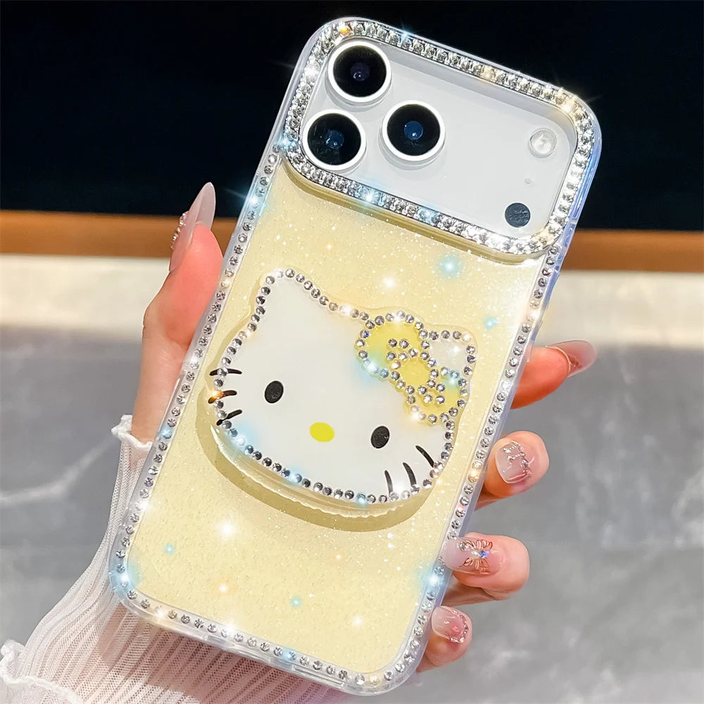 Kawaii Luxury Cover Hello Kitty Diamond Bling Stand Holder Phone Case for Iphone 17 16 15 14 13 Pro Max 16E E 16Promax 17Pro
