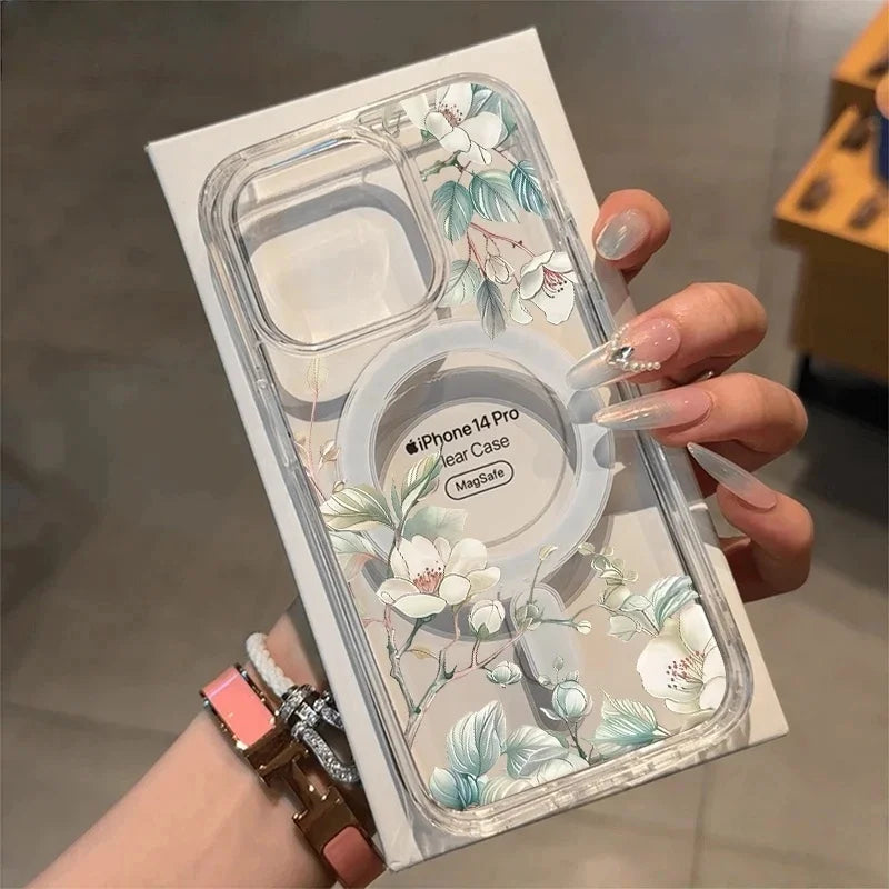 Magsafe Wireless Charge Case For Iphone 17 16 Pro Max 17 Air 15 14 12 13 11 Pro Max 16 12 13 Mini Phone Casing Flower Floral PC