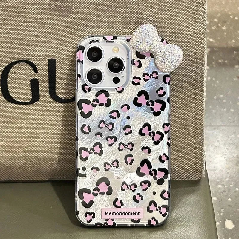 Leopard Print Hello Kitty Mirror Bow Strap Phone Case For iPhone 16 15 14 13 12 11 Pro Max XR XS MAX 7 8 Plus MINI Y2K Cover