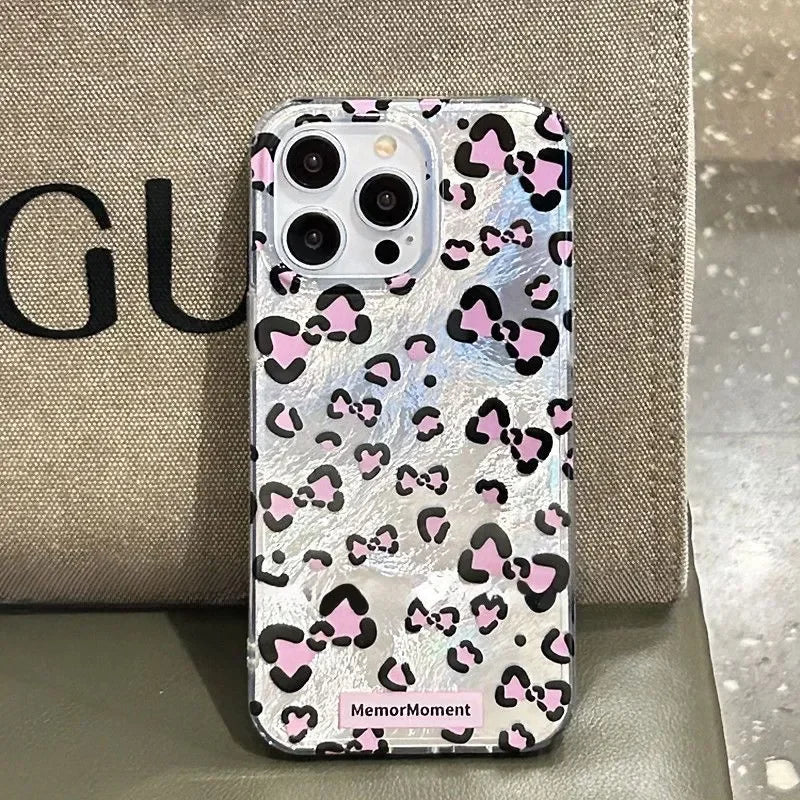 Leopard Print Hello Kitty Mirror Bow Strap Phone Case For iPhone 16 15 14 13 12 11 Pro Max XR XS MAX 7 8 Plus MINI Y2K Cover