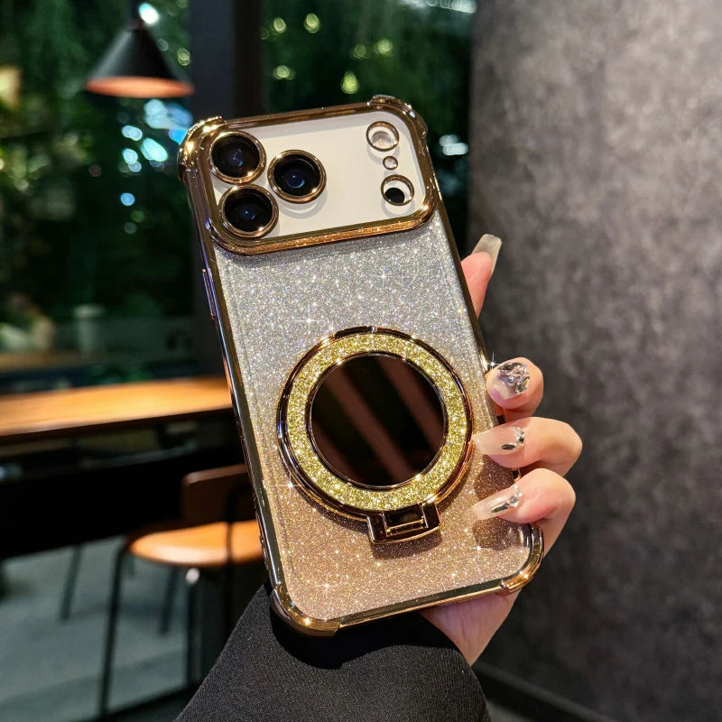 Plating Four Corner Shockproof Gradient Glitter Soft TPU Makeup Mirror Holder Phone Case For iPhone 17 Pro Max Air Bumper Cover