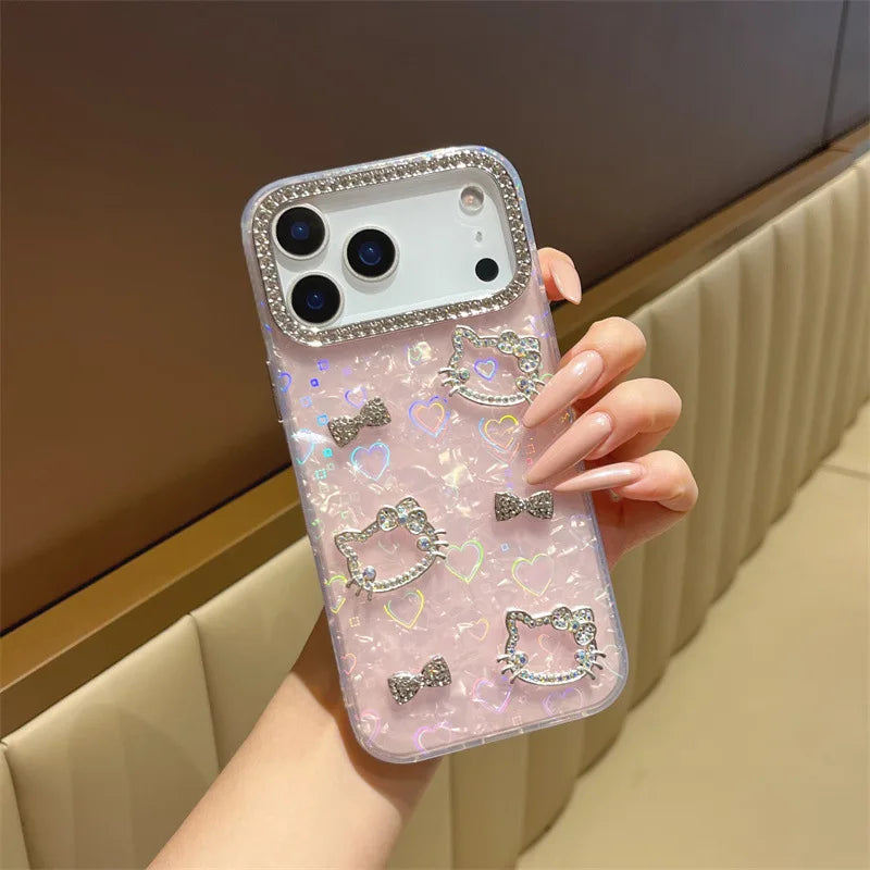 Luxury Glitter Rhinestone Camera Border 3D Hello Kitty Bowknot Shell Pattern Phone Case For iPhone 16 15 14 13 17 Pro Max Cover