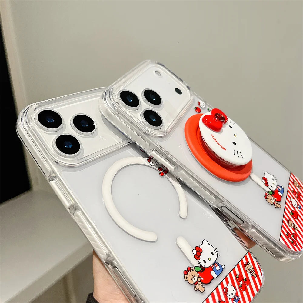 Hello Kitty Magnetic Stand Transparent Magsafe Phone Case For iPhone 17 16 15 14 13 Pro Max Wireless Charging Protective Cover