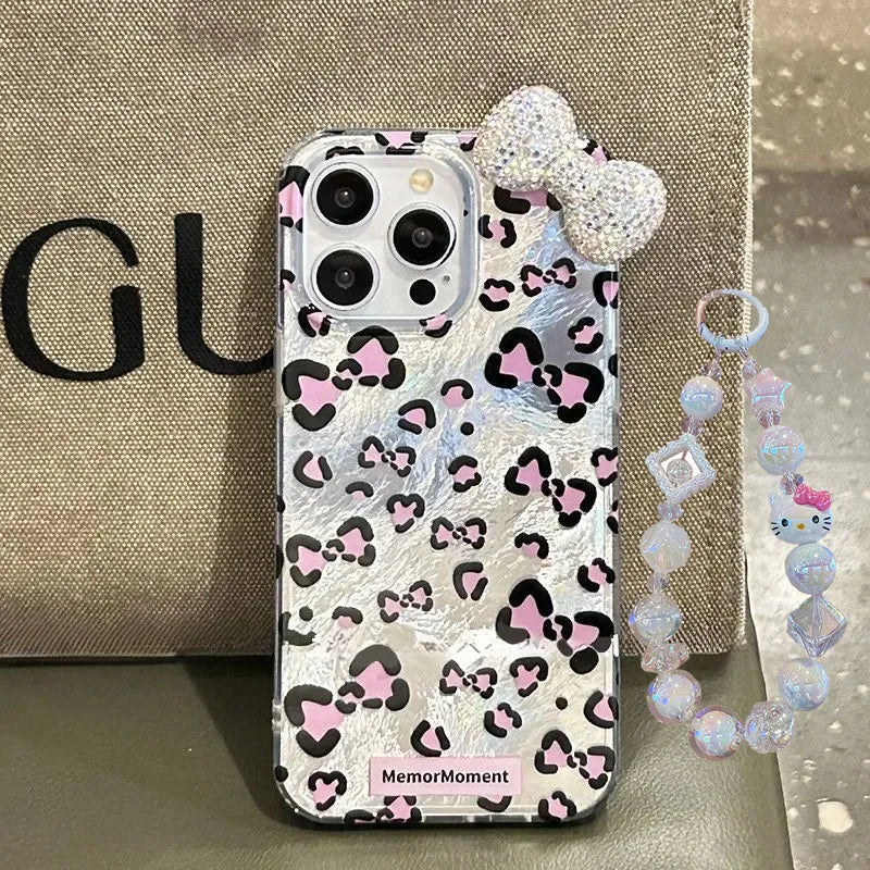 Leopard Print Hello Kitty Mirror Bow Strap Phone Case For iPhone 16 15 14 13 12 11 Pro Max XR XS MAX 7 8 Plus MINI Y2K Cover