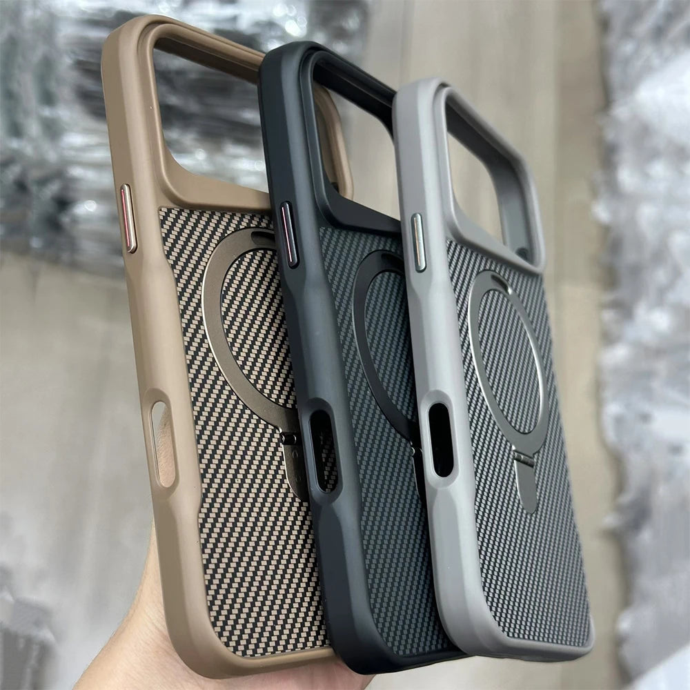 Desert Gold Folding holder carbon fibre magsafe charging phone case for iPhone 17 Pro Max Air magnetic scratch-proof hard cover