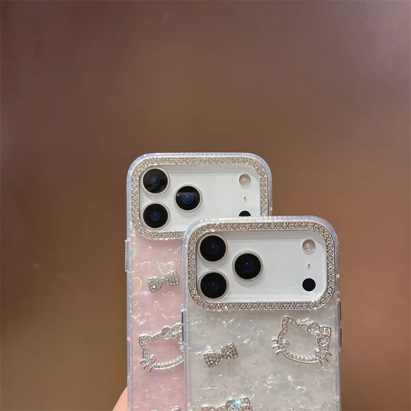 Luxury Glitter Rhinestone Camera Border 3D Hello Kitty Bowknot Shell Pattern Phone Case For iPhone 16 15 14 13 17 Pro Max Cover
