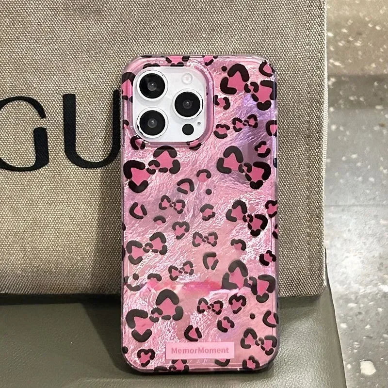 Leopard Print Hello Kitty Mirror Bow Strap Phone Case For iPhone 16 15 14 13 12 11 Pro Max XR XS MAX 7 8 Plus MINI Y2K Cover