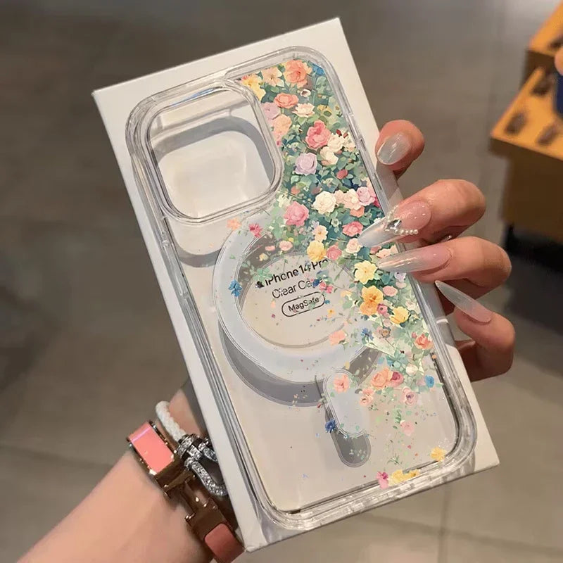 Magsafe Wireless Charge Case For Iphone 17 16 Pro Max 17 Air 15 14 12 13 11 Pro Max 16 12 13 Mini Phone Casing Flower Floral PC