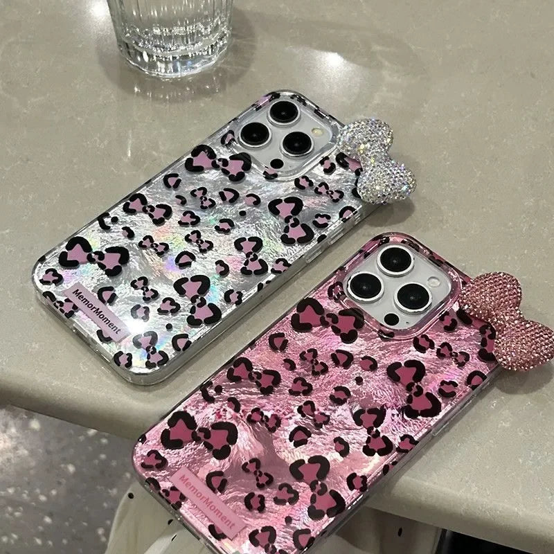 Leopard Print Hello Kitty Mirror Bow Strap Phone Case For iPhone 16 15 14 13 12 11 Pro Max XR XS MAX 7 8 Plus MINI Y2K Cover