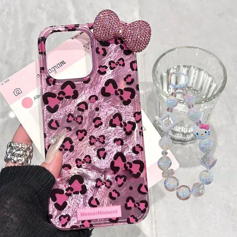 Leopard Print Hello Kitty Mirror Bow Strap Phone Case For iPhone 16 15 14 13 12 11 Pro Max XR XS MAX 7 8 Plus MINI Y2K Cover