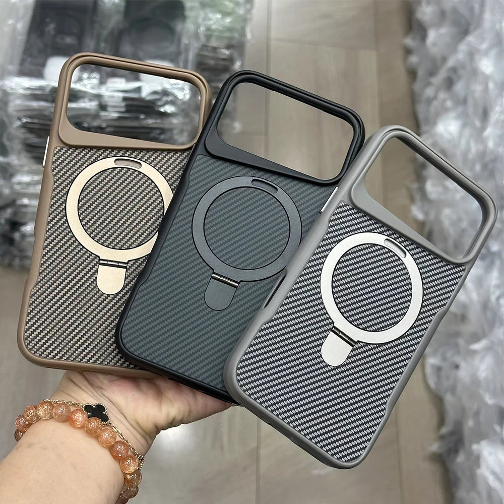 Desert Gold Folding holder carbon fibre magsafe charging phone case for iPhone 17 Pro Max Air magnetic scratch-proof hard cover
