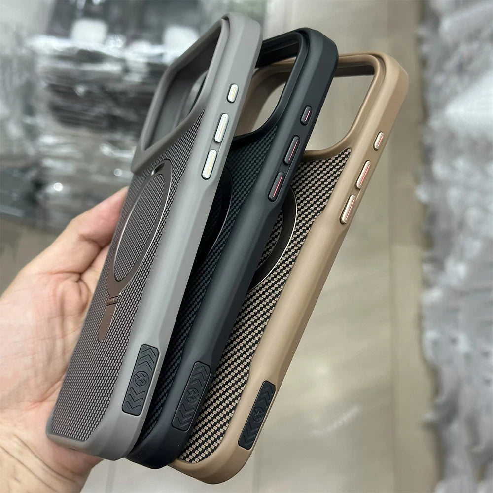 Desert Gold Folding holder carbon fibre magsafe charging phone case for iPhone 17 Pro Max Air magnetic scratch-proof hard cover