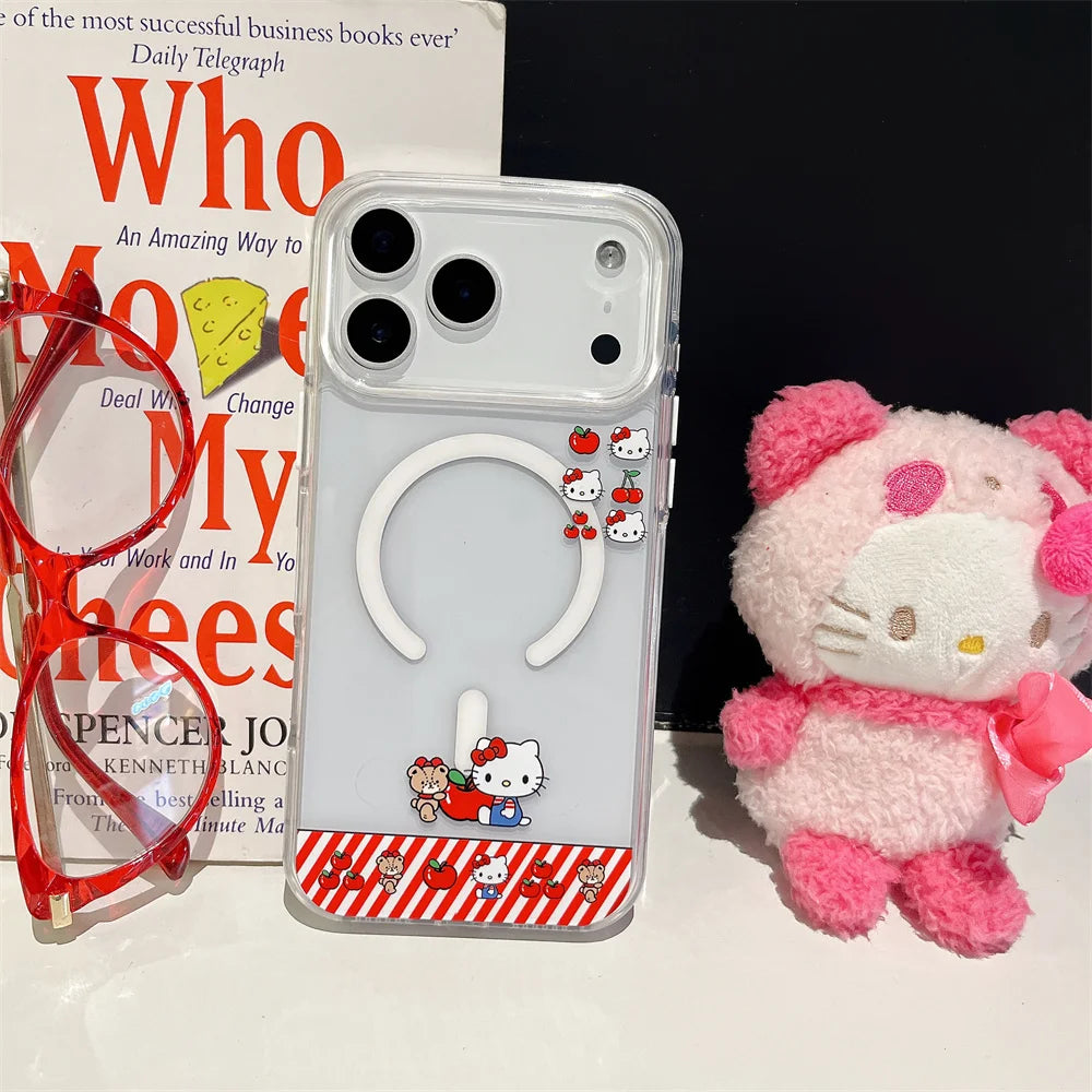 Hello Kitty Magnetic Stand Transparent Magsafe Phone Case For iPhone 17 16 15 14 13 Pro Max Wireless Charging Protective Cover