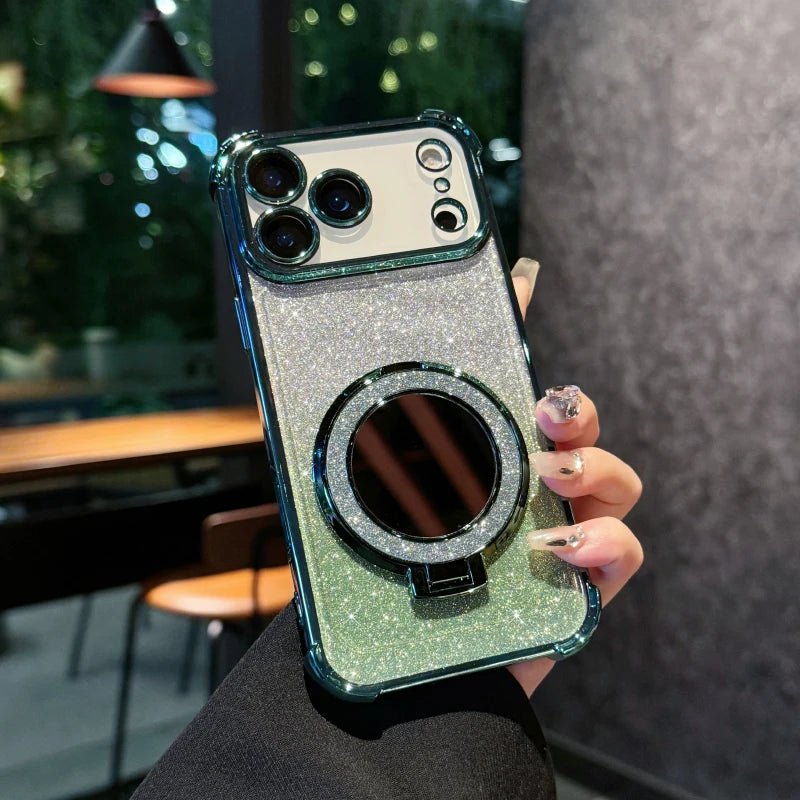 Plating Four Corner Shockproof Gradient Glitter Soft TPU Makeup Mirror Holder Phone Case For iPhone 17 Pro Max Air Bumper Cover
