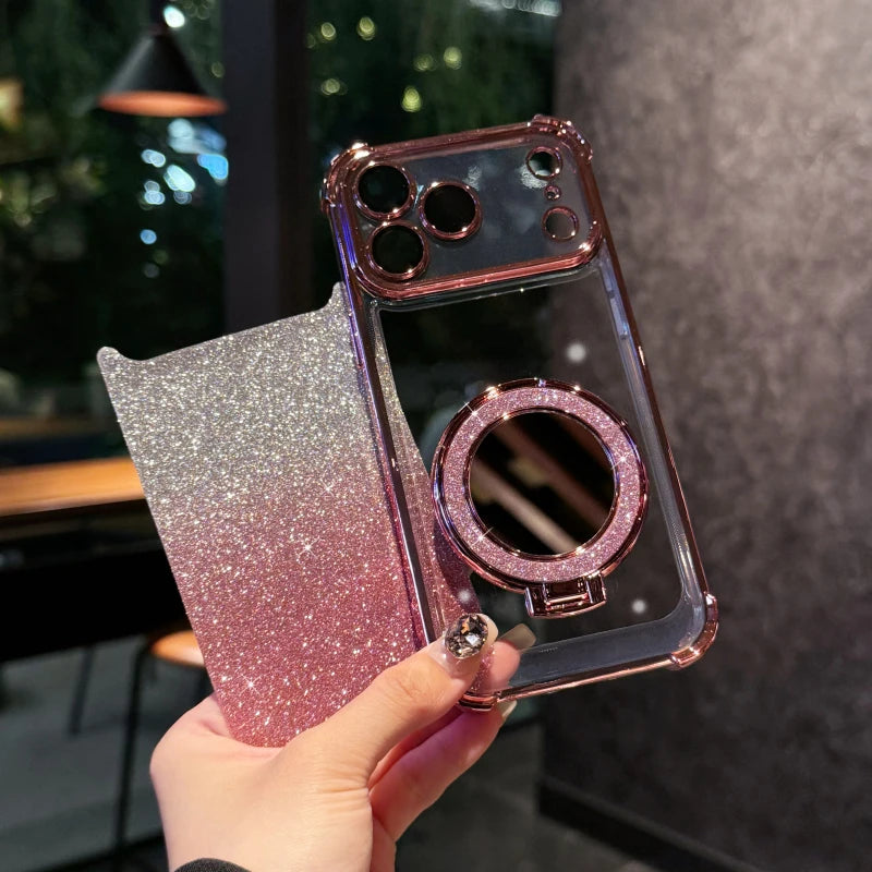 Plating Four Corner Shockproof Gradient Glitter Soft TPU Makeup Mirror Holder Phone Case For iPhone 17 Pro Max Air Bumper Cover