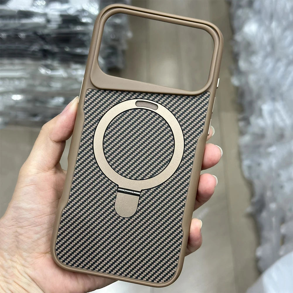 Desert Gold Folding holder carbon fibre magsafe charging phone case for iPhone 17 Pro Max Air magnetic scratch-proof hard cover