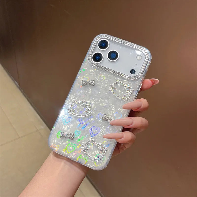 Luxury Glitter Rhinestone Camera Border 3D Hello Kitty Bowknot Shell Pattern Phone Case For iPhone 16 15 14 13 17 Pro Max Cover