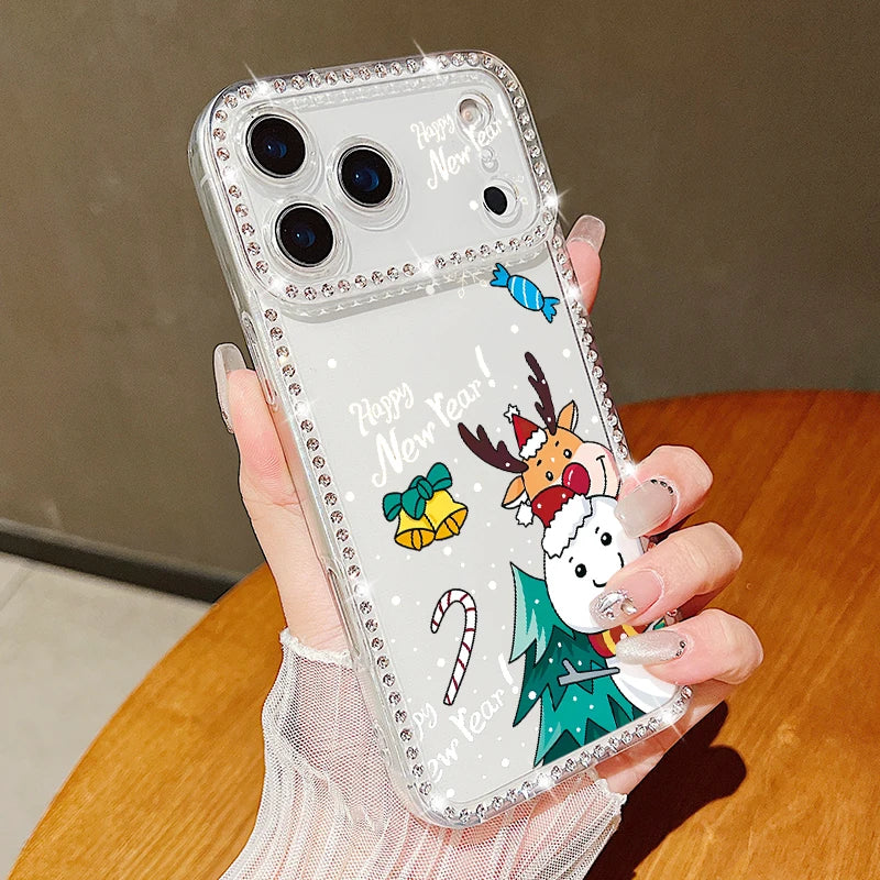 New Year Christmas Phone Case For iPhone 17 Air 16e 16 15 14 Pro Max 13 12 Pro Max 11 16 15 14 Plus Diamond Soft Silicone Cover