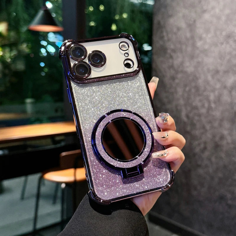 Plating Four Corner Shockproof Gradient Glitter Soft TPU Makeup Mirror Holder Phone Case For iPhone 17 Pro Max Air Bumper Cover