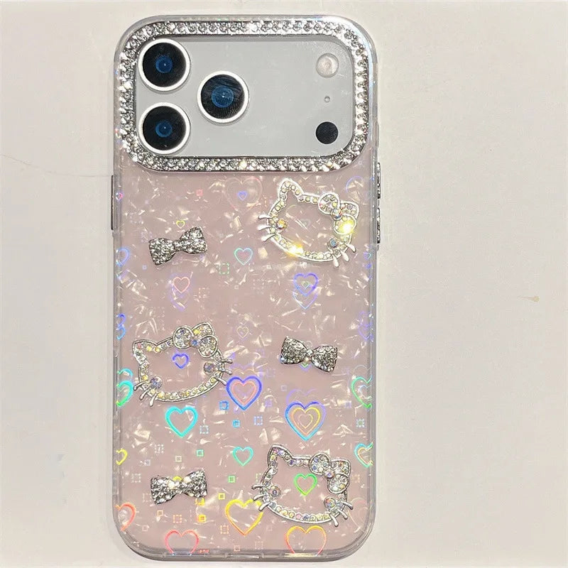 Luxury Glitter Rhinestone Camera Border 3D Hello Kitty Bowknot Shell Pattern Phone Case For iPhone 16 15 14 13 17 Pro Max Cover