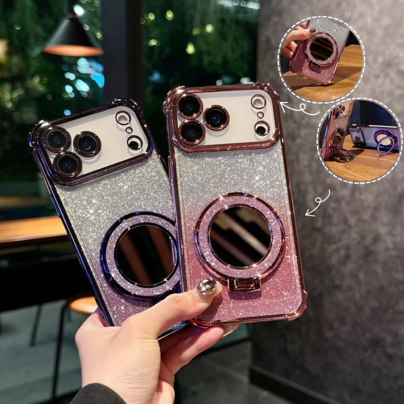 Plating Four Corner Shockproof Gradient Glitter Soft TPU Makeup Mirror Holder Phone Case For iPhone 17 Pro Max Air Bumper Cover