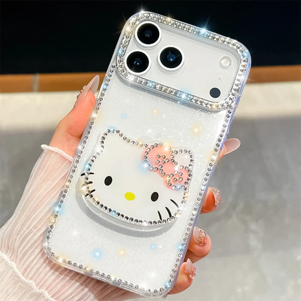 Kawaii Luxury Cover Hello Kitty Diamond Bling Stand Holder Phone Case for Iphone 17 16 15 14 13 Pro Max 16E E 16Promax 17Pro