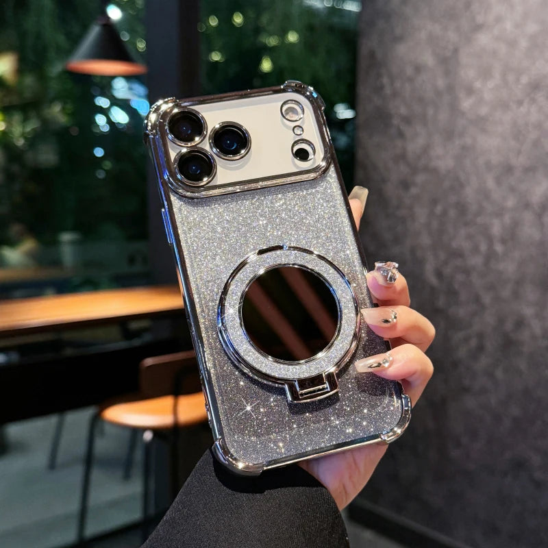Plating Four Corner Shockproof Gradient Glitter Soft TPU Makeup Mirror Holder Phone Case For iPhone 17 Pro Max Air Bumper Cover