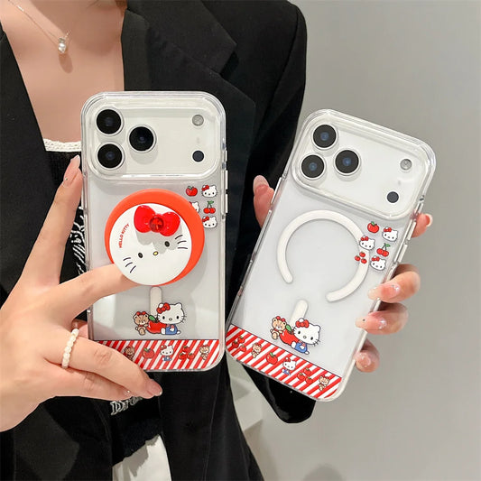 Hello Kitty Magnetic Stand Transparent Magsafe Phone Case For iPhone 17 16 15 14 13 Pro Max Wireless Charging Protective Cover