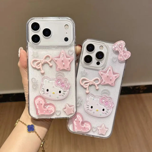 3D Hello Kitty Bow Phone Case For iPhone 17 Air 16 15 Promax 14 Plus 13 12 Pro Max 11 Soft Cartoon Transparent Cover 17pro