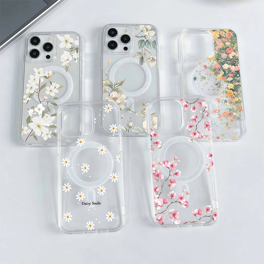 Magsafe Wireless Charge Case For Iphone 17 16 Pro Max 17 Air 15 14 12 13 11 Pro Max 16 12 13 Mini Phone Casing Flower Floral PC