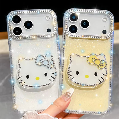 Kawaii Luxury Cover Hello Kitty Diamond Bling Stand Holder Phone Case for Iphone 17 16 15 14 13 Pro Max 16E E 16Promax 17Pro