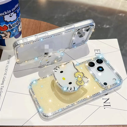 Kawaii Luxury Cover Hello Kitty Diamond Bling Stand Holder Phone Case for Iphone 17 16 15 14 13 Pro Max 16E E 16Promax 17Pro