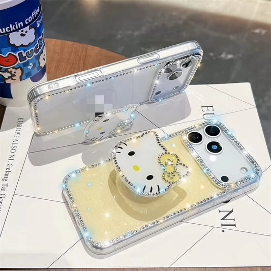 Kawaii Luxury Cover Hello Kitty Diamond Bling Stand Holder Phone Case for Iphone 17 16 15 14 13 Pro Max 16E E 16Promax 17Pro